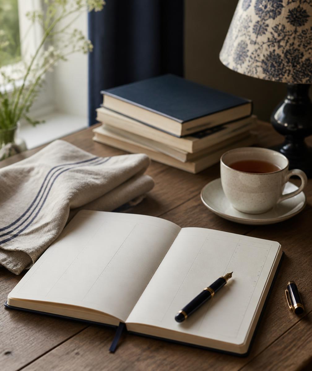 An open weekly planner, tea and linen on a wooden desk