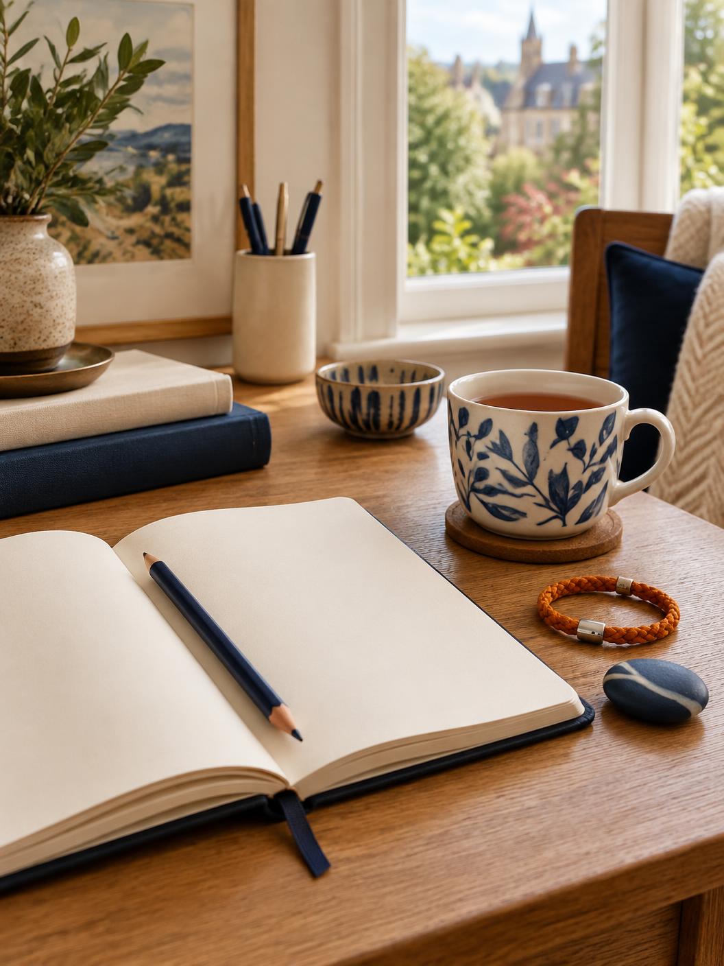A notebook and small reminder token beside a cup of tea
